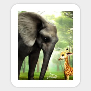 Love Yourself: Motivational Digital Art of an Elephant and Baby Giraffe in the Jungle Sticker
